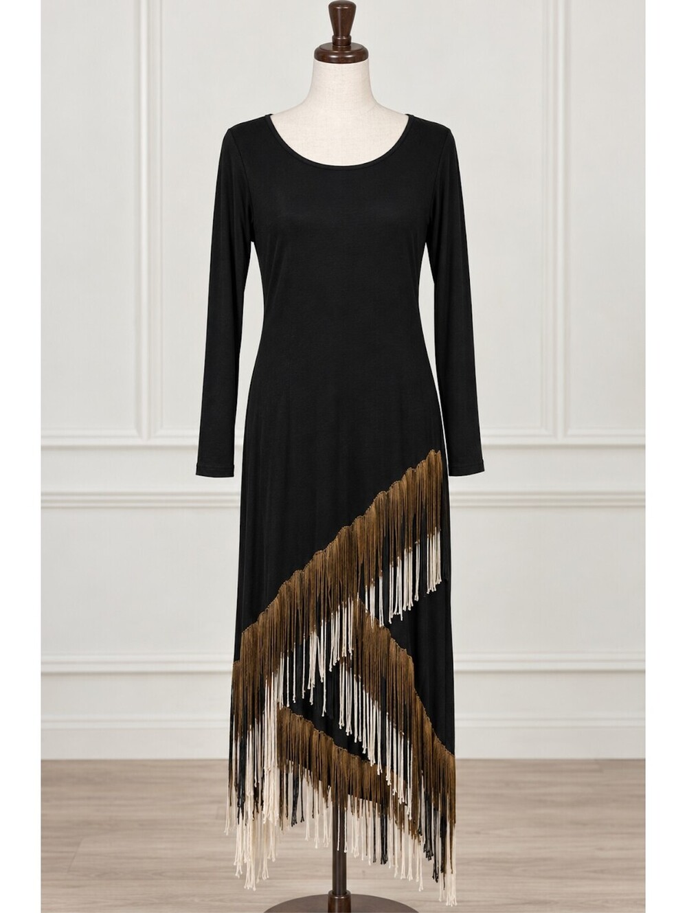 Heiress Black Long Sleeve Fringe Maxi Dress